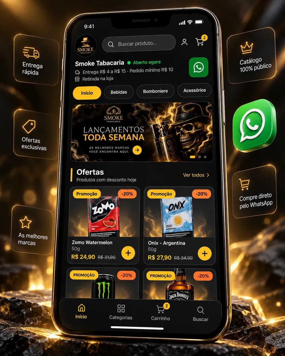 Celular mostrando o catálogo online de uma loja, com ofertas, categorias e botão de WhatsApp