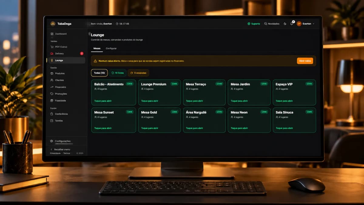 Tela do Lounge no monitor: mesas como Mesa Gold, Mesa Neon e Espaço VIP, cada uma com número de lugares e situação