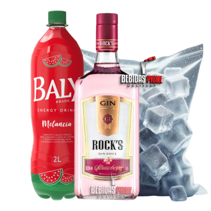 GIN ROCKS MORANGO 1L + BALY MELANCIA 2L + GELO CUBO OU SABOR