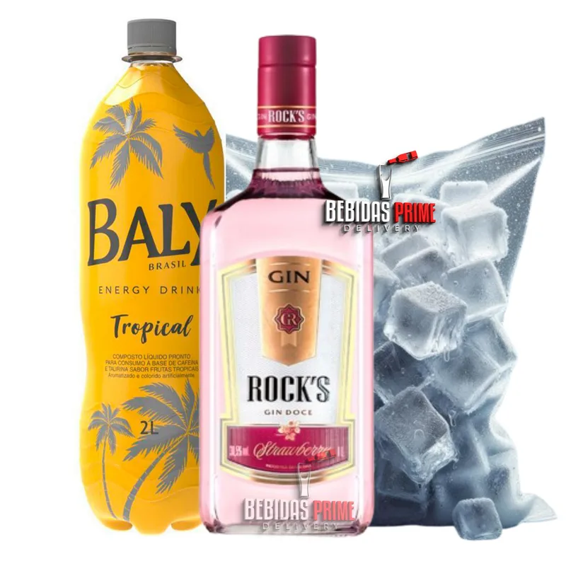GIN ROCKS MORANGO 1L + BALY TROPICAL 2L + GELO CUBO OU SABOR