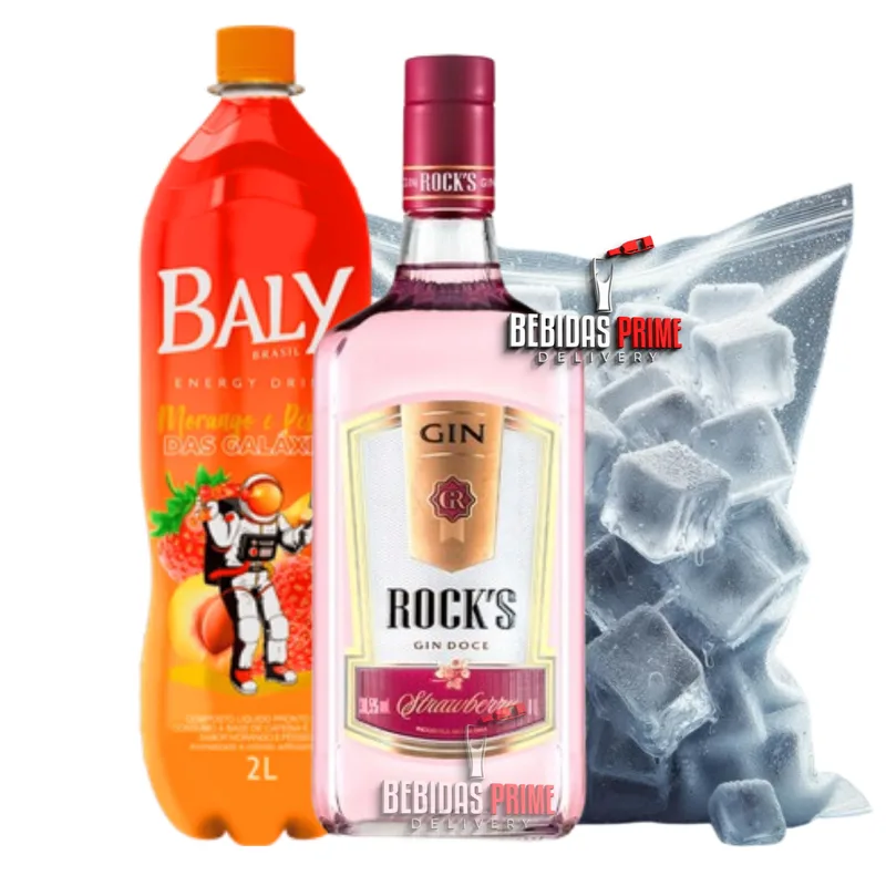GIN ROCKS MORANGO 1L + BALY 2L MORANGO E PÊSSEGO + GELO CUBO OU SABOR