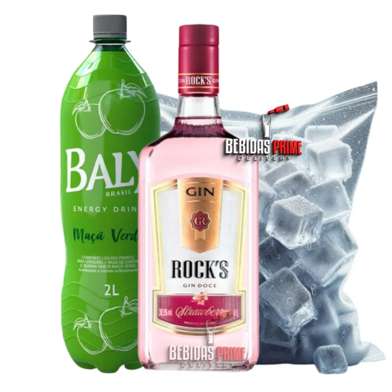 GIN ROCKS MORANGO 1L + BALY MACA VERDE 2L + GELO CUBO OU SABOR
