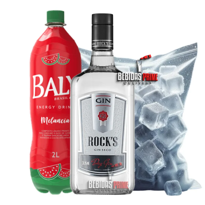 GIN ROCKS 1L + BALY MELANCIA 2L + GELO CUBO OU SABOR