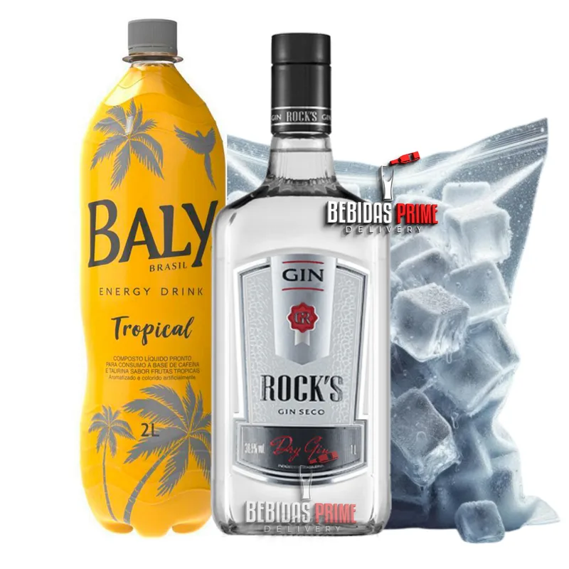 GIN ROCKS 1L + BALY TROPICAL 2L + GELO CUBO OU SABOR