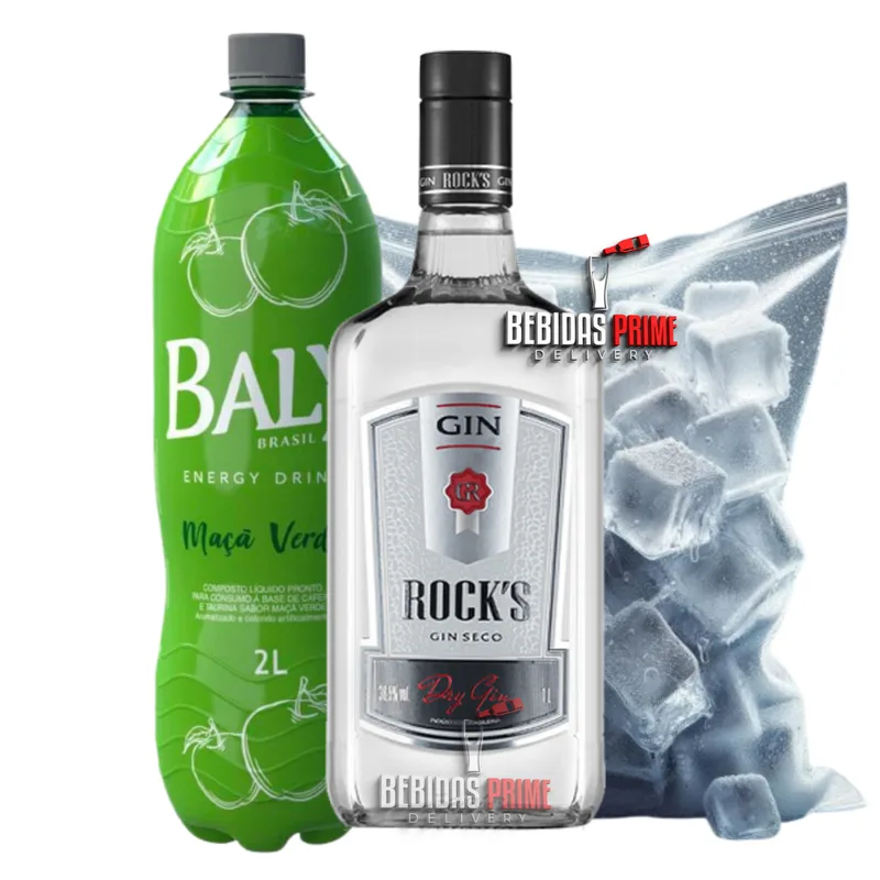 GIN ROCKS 1L + BALY MACA VERDE 2L + GELO CUBO OU SABOR
