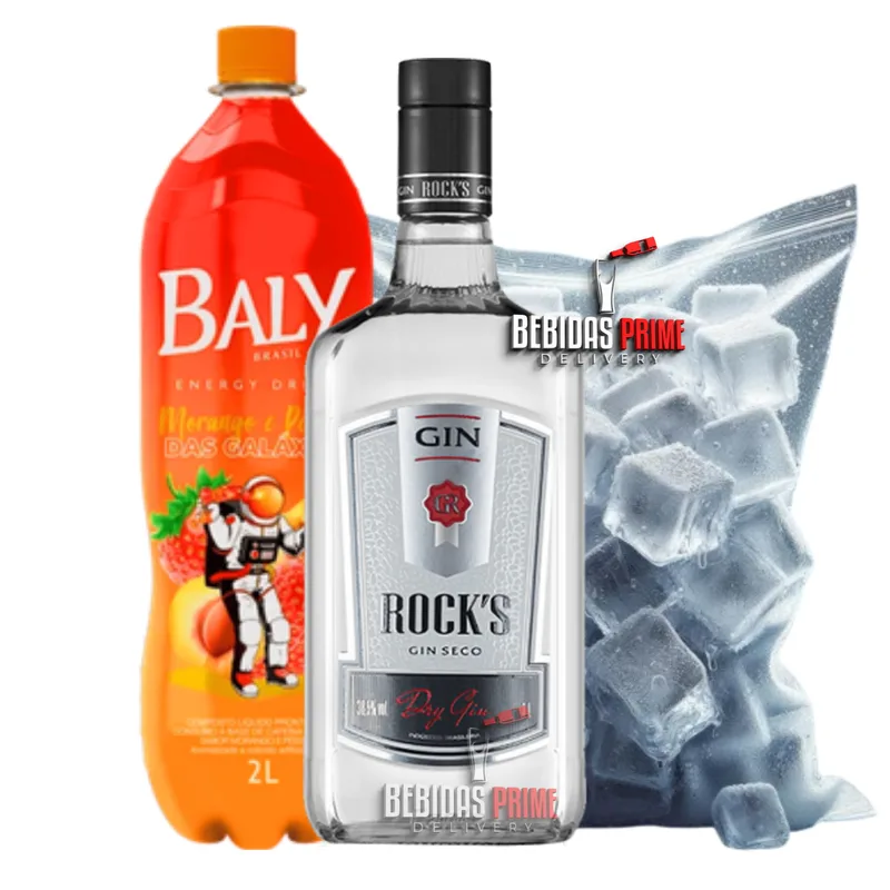 GIN ROCKS 1L + BALY MORANGO E PÊSSEGO 2L + GELO CUBO OU SABOR