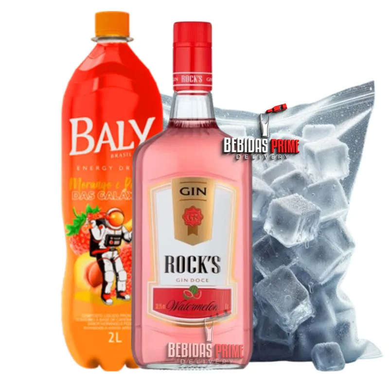 GIN ROCKS MELANCIA 1L + BALY MORANGO PÊSSEGO 2L + GELO CUBO OU SABOR