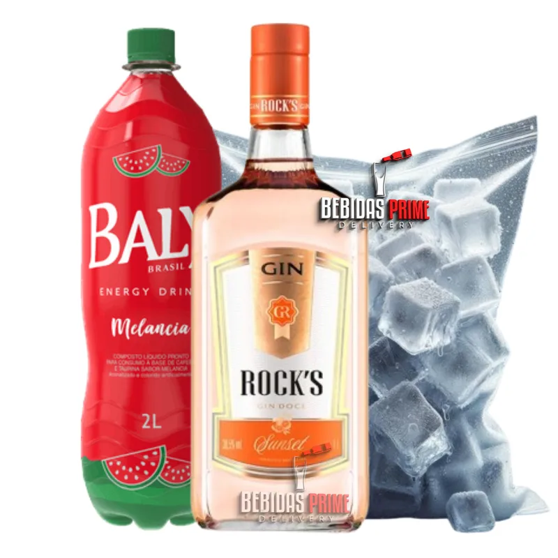 GIN ROCKS SUNSET LARANJA 1L + BALY MELANCIA 2L + GELO CUBO OU SABOR