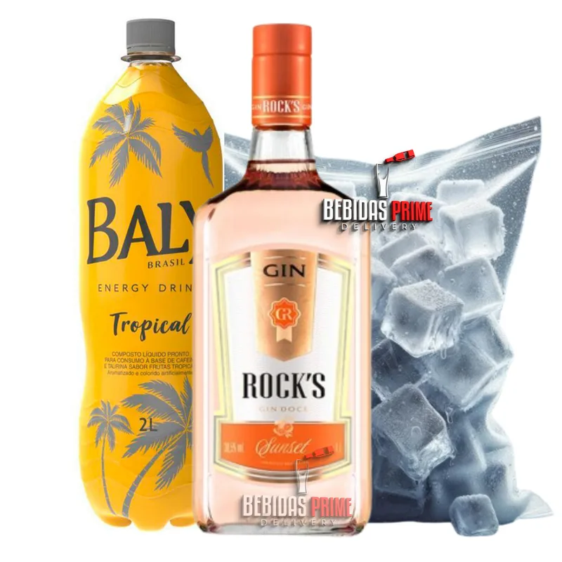 GIN ROCKS SUNSET LARANJA 1L + BALY TROPICAL 2L + GELO CUBO OU SABOR