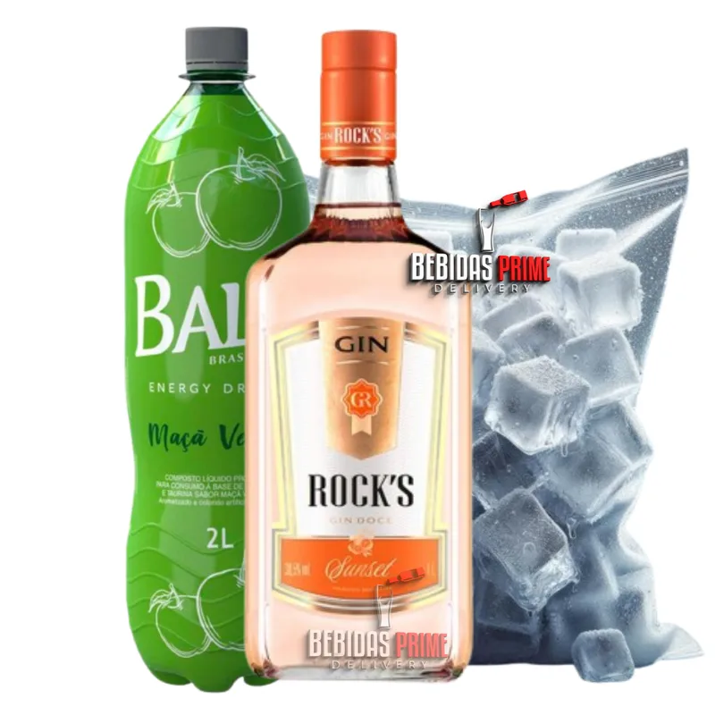 GIN ROCKS SUNSET LARANJA 1L + BALY MACA VERDE 2L + GELO CUBO OU SABOR
