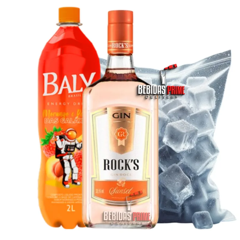 GIN ROCKS SUNSET LARANJA 1L + BALY MORANGO E PÊSSEGO 2L + GELO CUBO OU SABOR