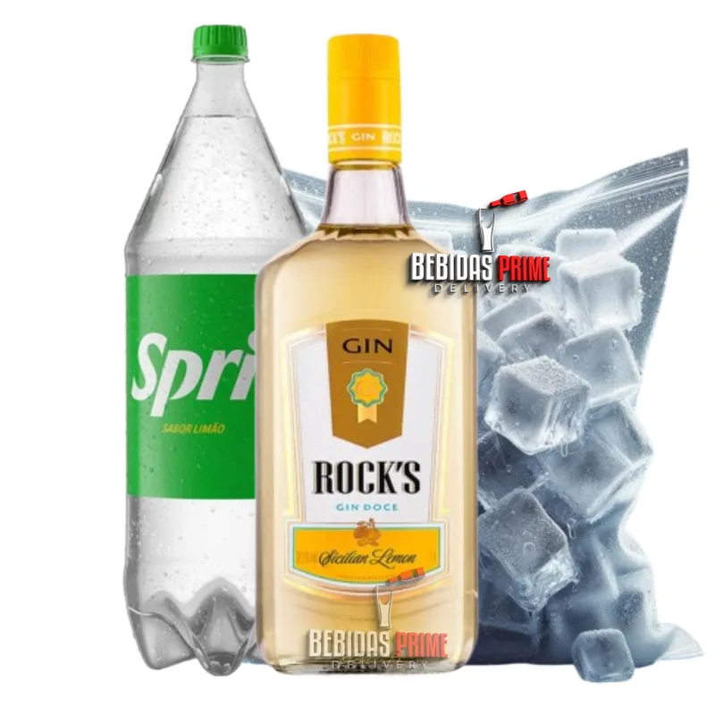 GIN ROCKS SICILIAN LEMON 1L + 1 Sprite 2L + 1 Gelo em Cubos - 3kg
