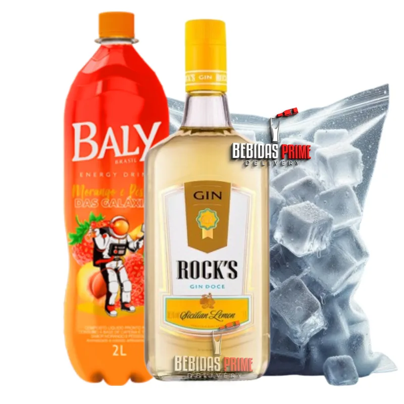 GIN ROCKS SICILIAN LEMON 1L + BALY 2L MORANGO E PÊSSEGO + GELO CUBO OU SABOR