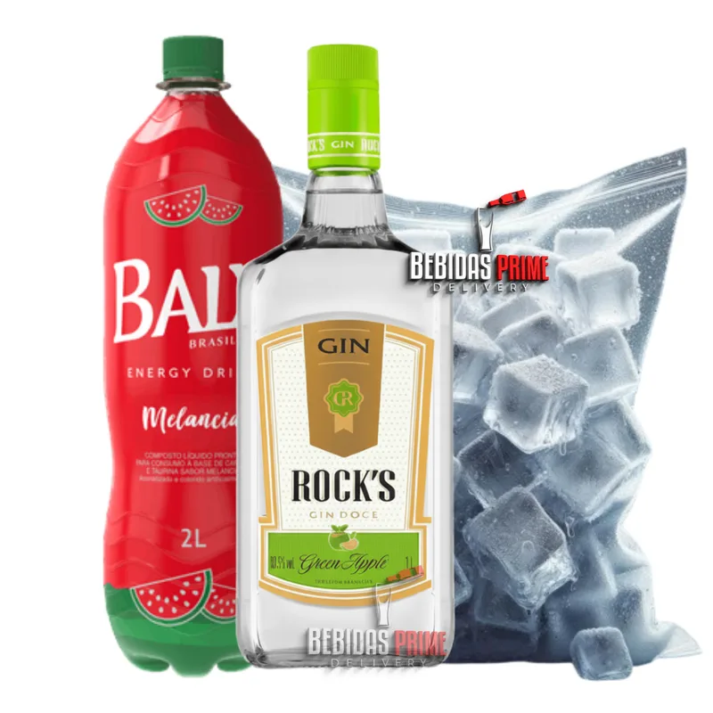 GIN ROCKS MACA VERDE 1L +  BALY MELANCIA 2L + GELO CUBO OU SABOR