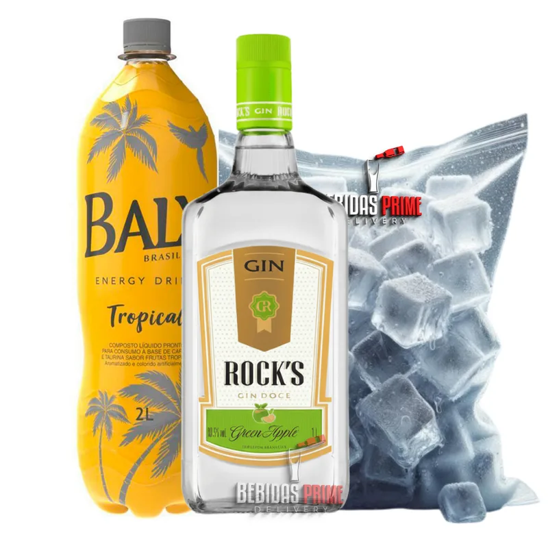 GIN ROCKS MAÇA VERDE 1L+ BALY TROPICAL 2L + GELO CUBO OU SABOR