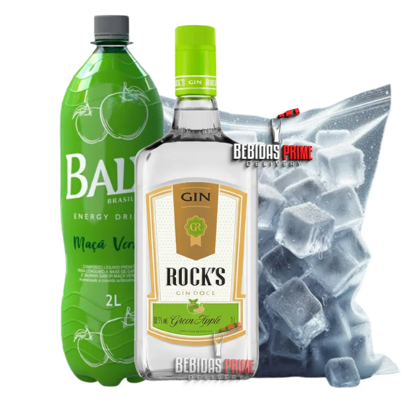 GIN ROCKS MACA VERDE 1L + BALY MACA VERDE 2L + GELO CUBO OU SABOR