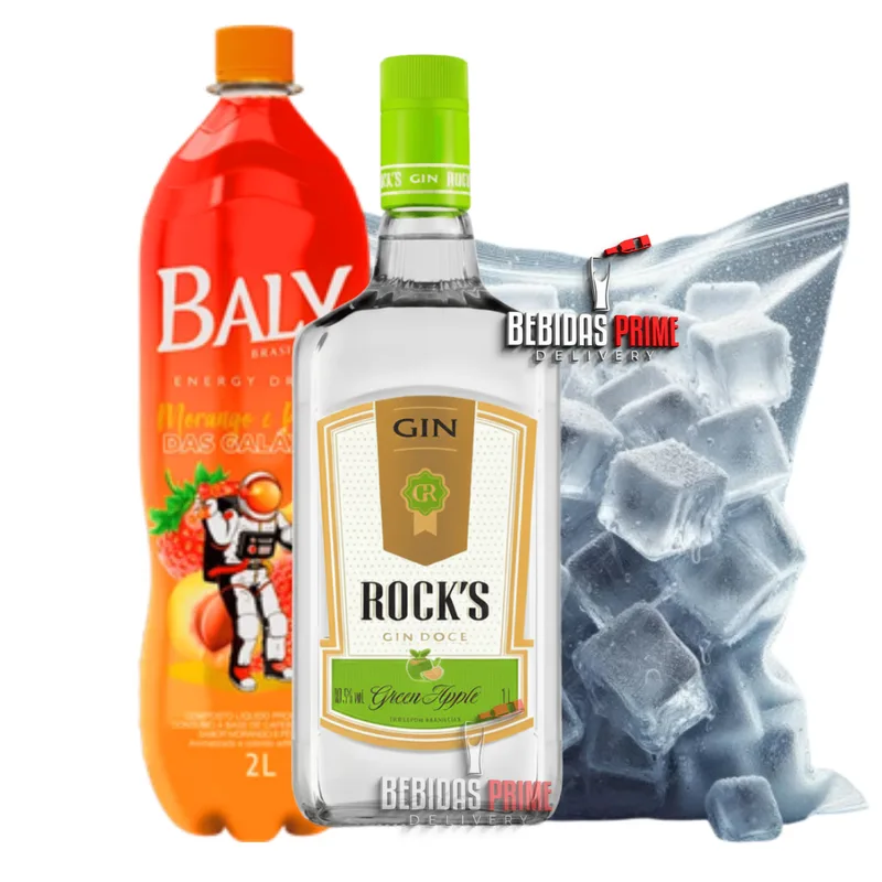GIN ROCKS MACA VERDE 1L + BALY MORANGO PÊSSEGO 2L + GELO CUBO OU SABOR