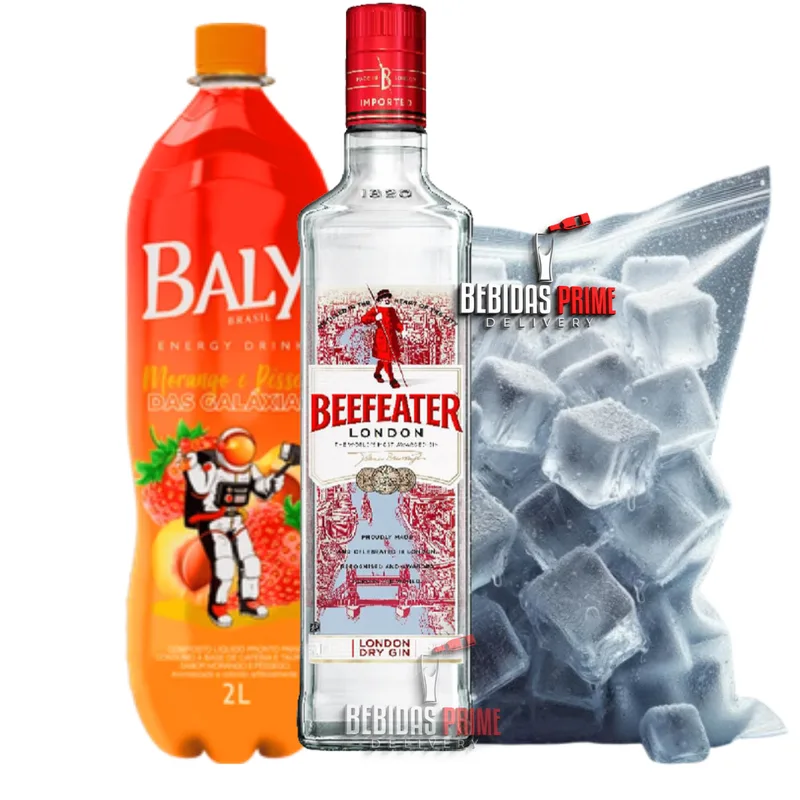 Gin Beefeater London Dry 750ml + BALY MORANGO E PÊSSEGO 2L + GELO CUBO OU SABOR