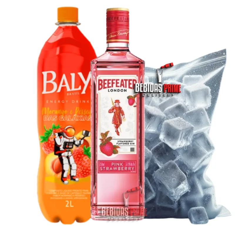 Gin Beefeater PINK STRAWBERRY 700ml+ BALY MORANGO E PÊSSEGO 2L + GELO CUBO OU SABOR