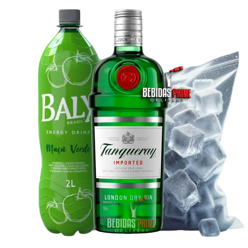 Gin Tanqueray London Dry 750ml + BALY MACA VERDE 2L + GELO CUBO OU SABOR