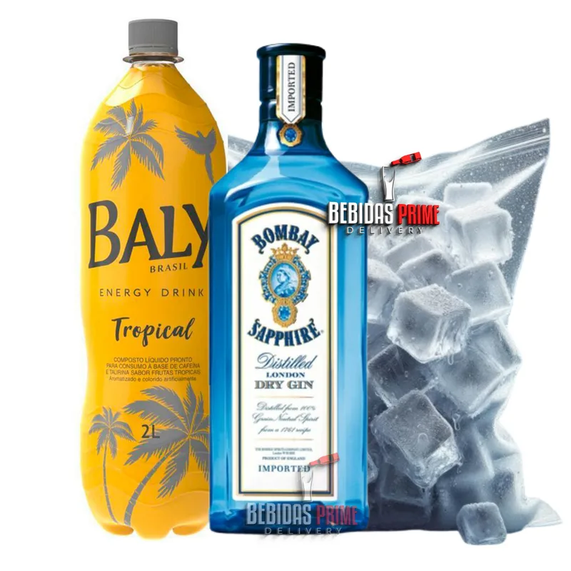 Gin Bombay Sapphire Dry London 750ML + BALY TROPICAL 2L + GELO CUBO OU SABOR