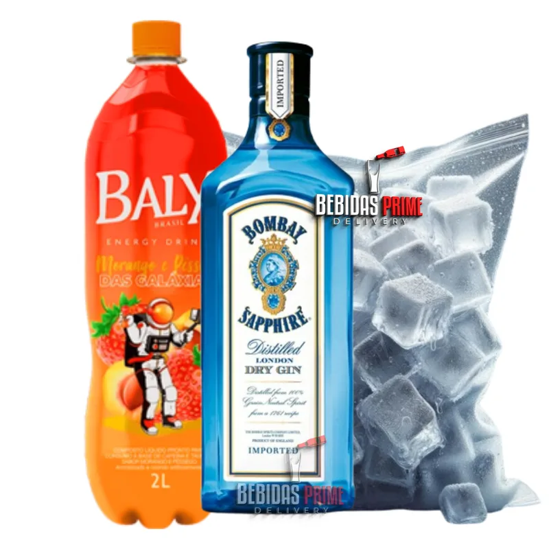 Gin Bombay Sapphire Dry London 750ML +BALY MORANGO E PÊSSEGO2L + GELO CUBO OU SABOR