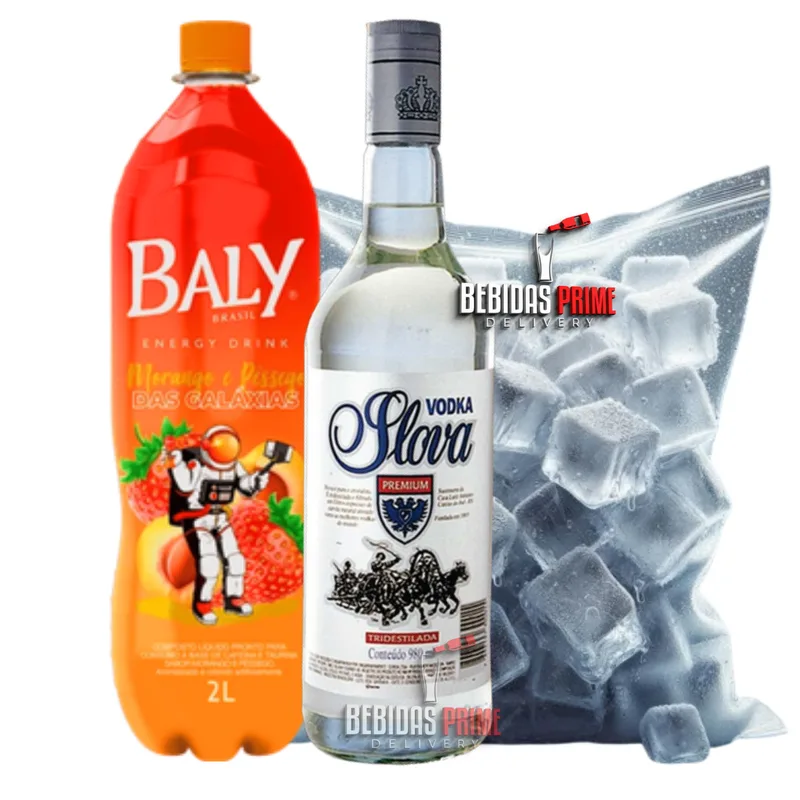Vodka Slova 970ml  + 1 Energético Baly MORANGO E PÊSSEGO 2L + 1 Gelo em Cubos - 3kg