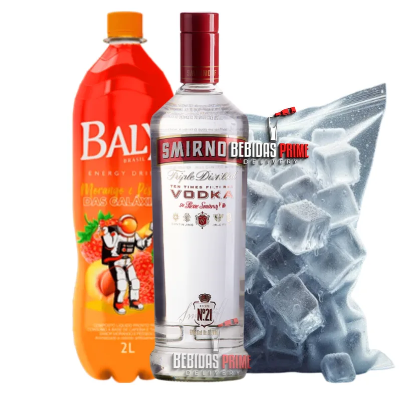 Smirnoff 998ml + 1 Energético Baly MORANGO E PÊSSEGO 2L + 1 Gelo em Cubos - 3kg