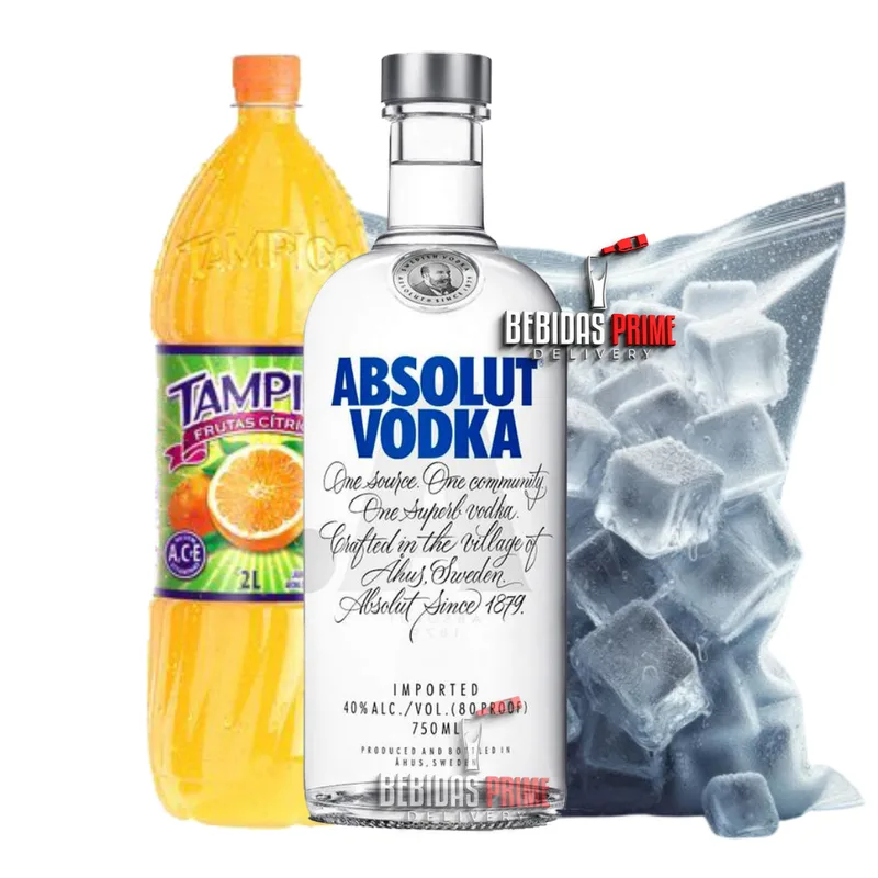 Vodka Absolut 1L + TAMPICO 2L + GELO CUBO OU SABOR