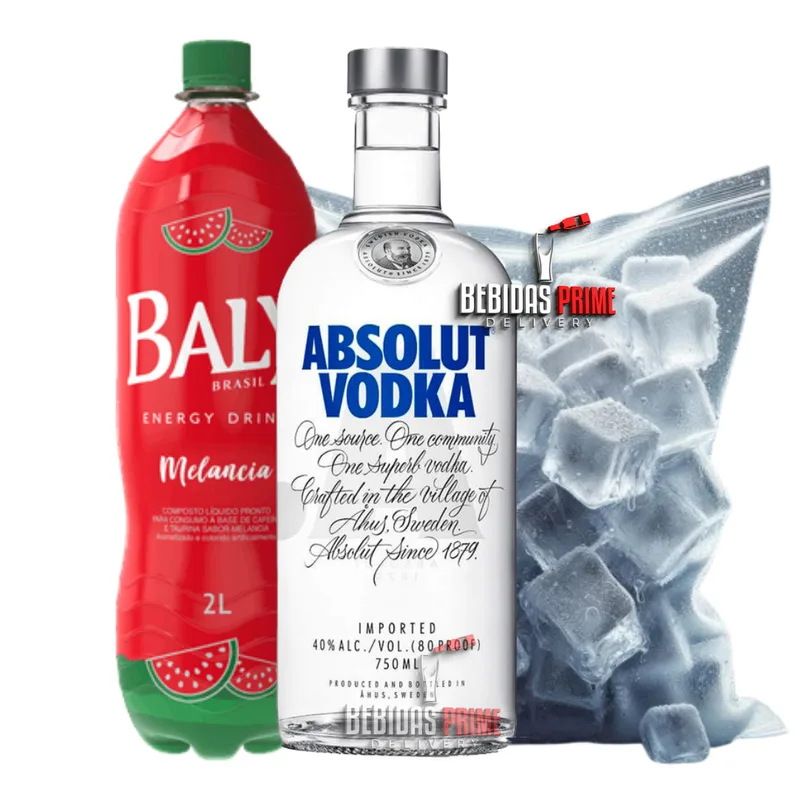 Vodka Absolut 1L + BALY MELANCIA 2L + GELO CUBO OU SABOR