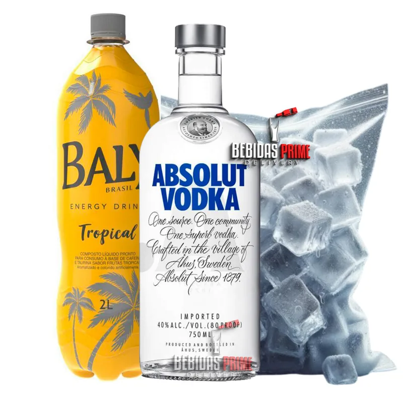 Vodka Absolut 1L + BALY TROPICAL 2L + GELO CUBO OU SABOR
