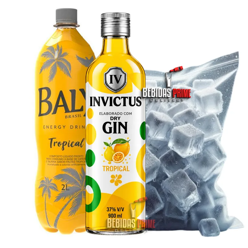 Gin Invictus Tropical 900ml + BALY TROPICAL 2L + GELO CUBO OU SABOR