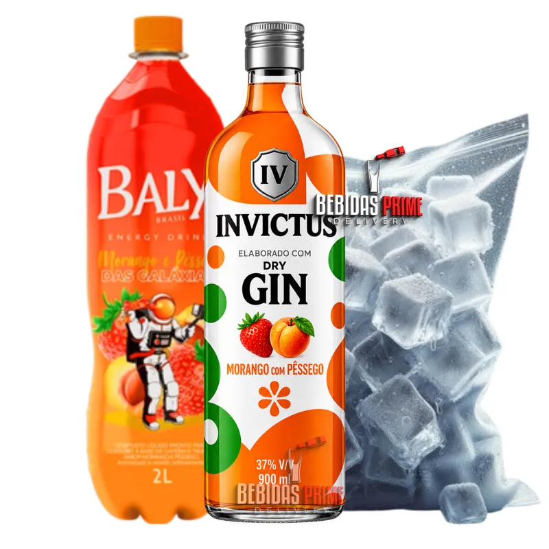 Gin Invictus MORANGO E PÊSSEGO 900ml +  BALY MORANGO E PÊSSEGO 2L + GELO CUBO OU SABOR